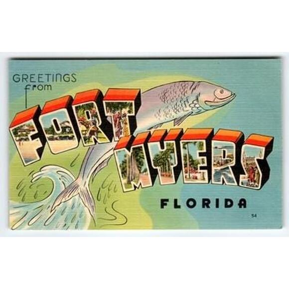 Fort Myers Florida Linen Era Large Letter Souvenir Postcard Tichnor Bros - Picture 1 of 2